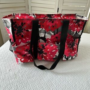 Thirty-One Floral Tote Bag - Red and Black, Lots of Side Pockets, Zip Top